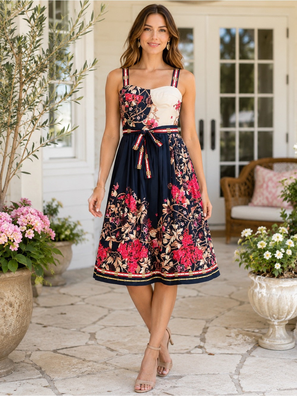 Dalia MacPhee Floral Colorblock Pleated Midi Dress Belted Navy Pink Size XL